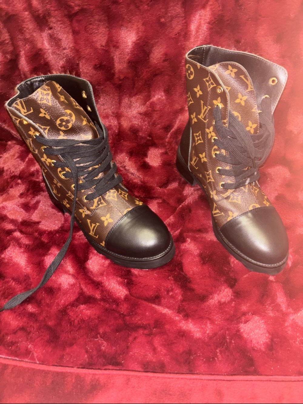 Louis Vuitton Brown Monogram Lace-Up Ankle Boots with Black Cap Toes